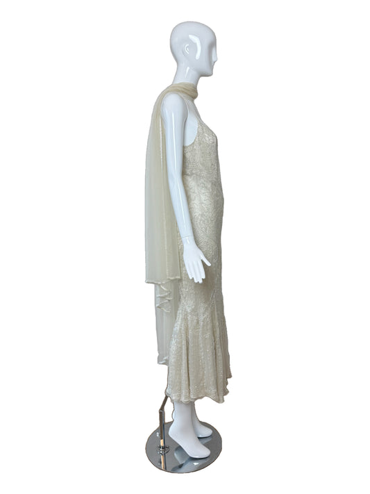 LES HABITUDES 90's Vintage Couture Ivory White Silk Beaded Dress w. Shawl
