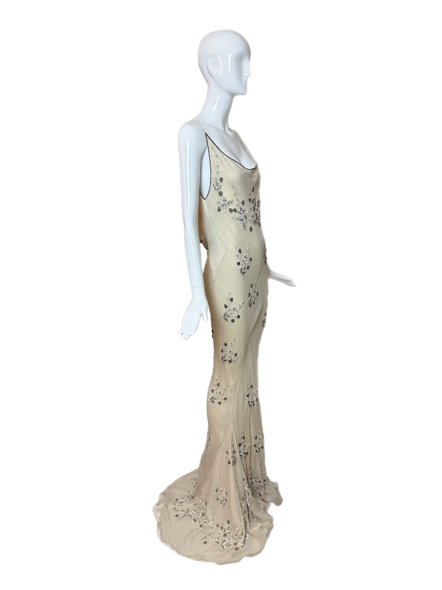 90's Vintage Couture Silk Hand Embroidered Beaded Cowl Back Evening Gown