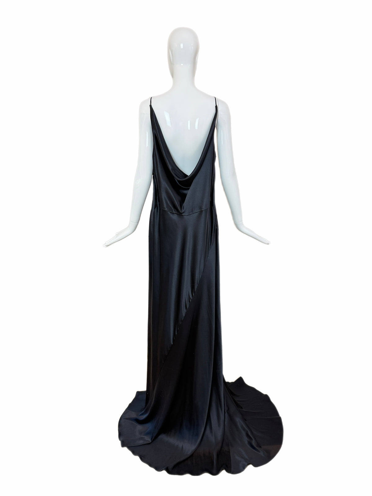 Les Habitudes 90's Vintage Black Liquid Satin Cowl Neck Evening Gown w. Train