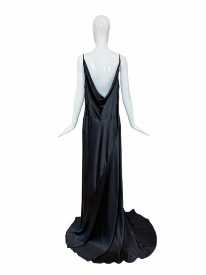 Les Habitudes 90's Vintage Black Liquid Satin Cowl Neck Evening Gown w. Train