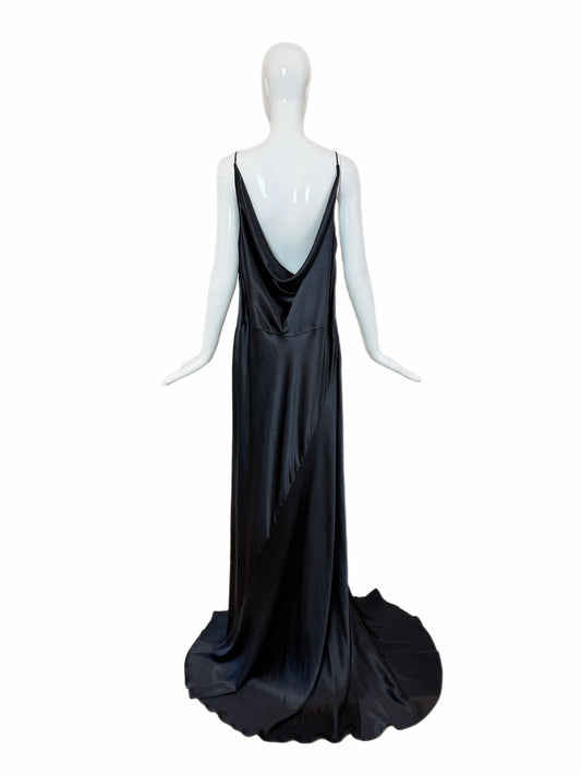 Les Habitudes 90's Vintage Black Liquid Satin Cowl Neck Evening Gown w. Train
