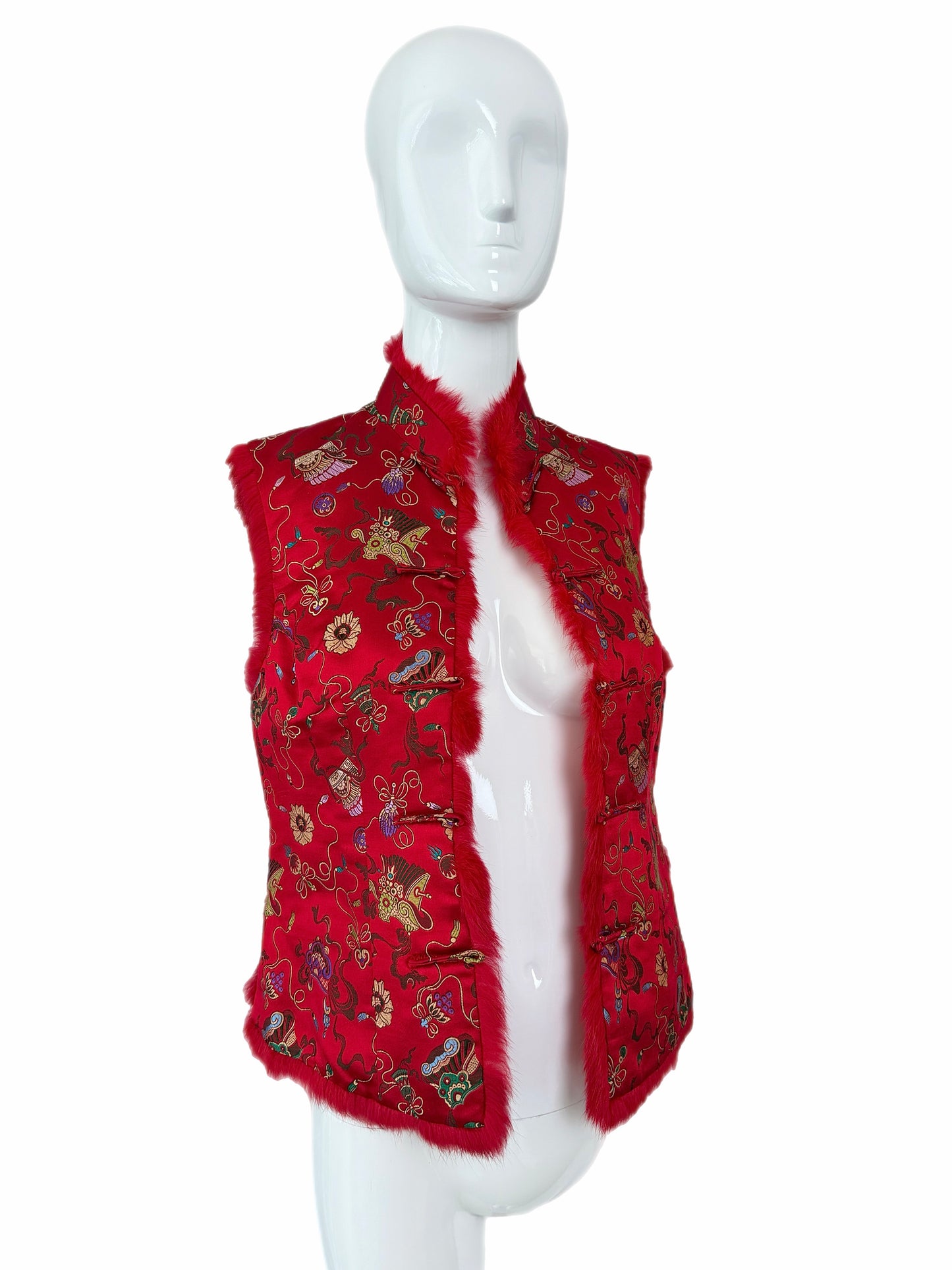 ADRIENNE LANDAU Vintage Red Chinoiserie Fur Trimmed Lightweight Vest