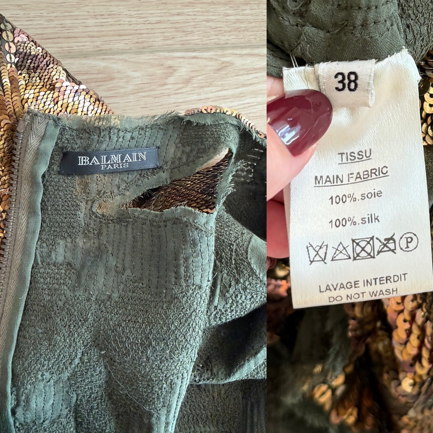 BALMAIN 2010 Vintage Runway Bronze Sequin Distressed Dress