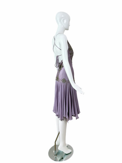 SUE WONG 2007 Vintage Runway Silk Lilac Purple Embellished Cocktail Dress