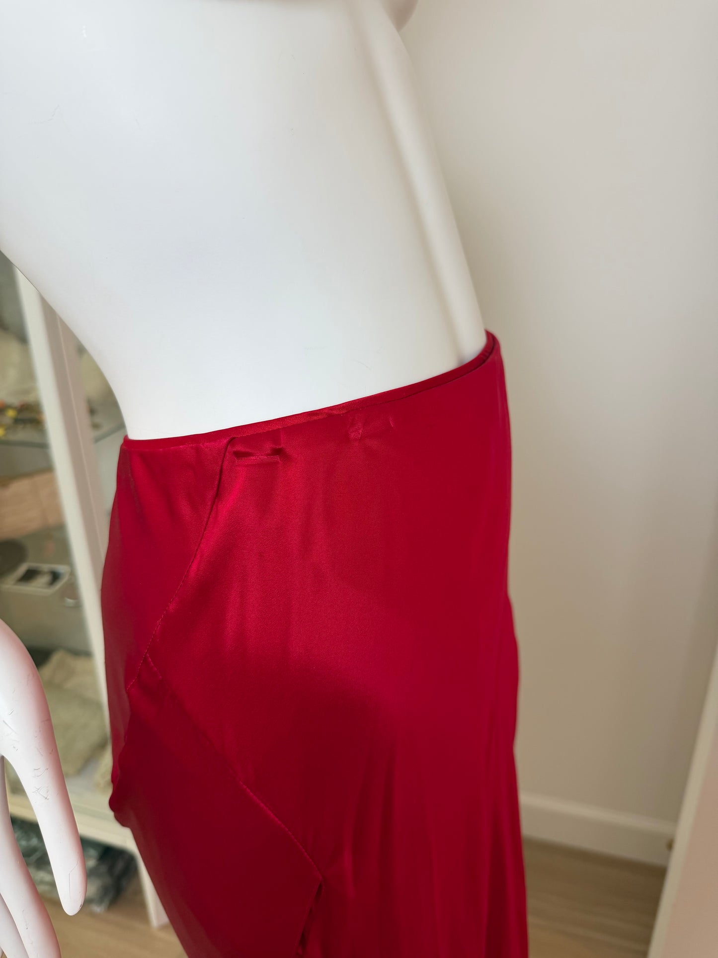 ROBERT DANES Red Liquid Silk Layered Bias Cut Maxi Skirt