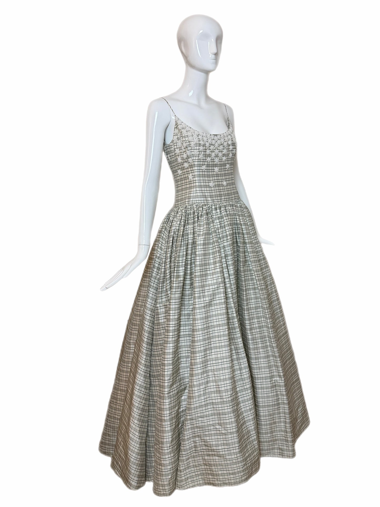 BADGLEY MISCHKA 90's Vintage Ivory Checked Silk Beaded Ball Gown