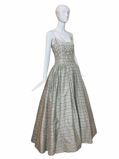 BADGLEY MISCHKA 90's Vintage Ivory Checked Silk Beaded Ball Gown