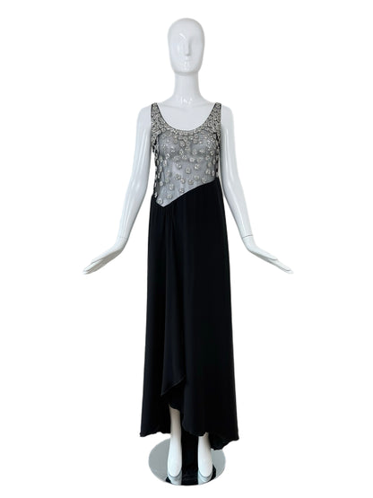 VALENTINO 2000 Vintage Black Silk w. Silver Embellishments Evening Gown