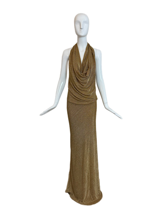 Vintage Donna Karan gold evening gown with cowl neck