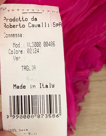 ROBERTO CAVALLI Hot Pink Fuschia Silk Plisse Pleated Plunge Neckline Evening Gown