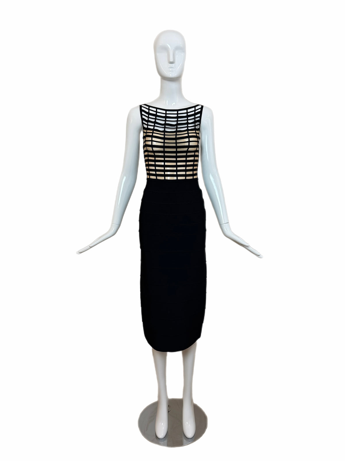 HERVE LEGER 1999 Vintage Runway Style Black + Nude Bodycon Dress