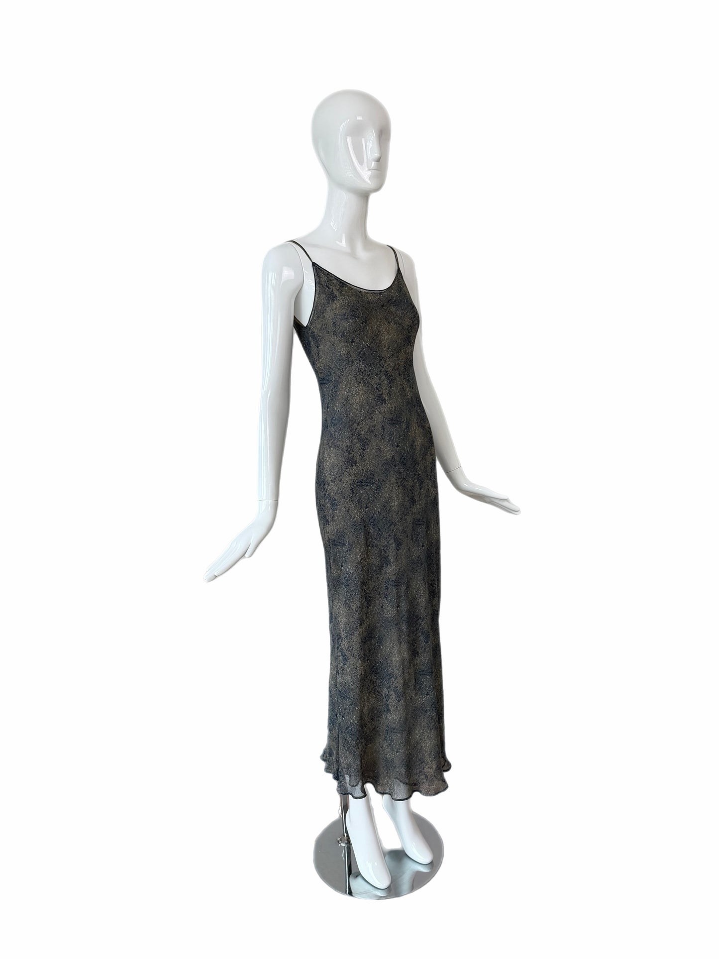 DONNA KARAN 90's Vintage Navy Blue & Tan Printed Silk Slip Maxi Dress