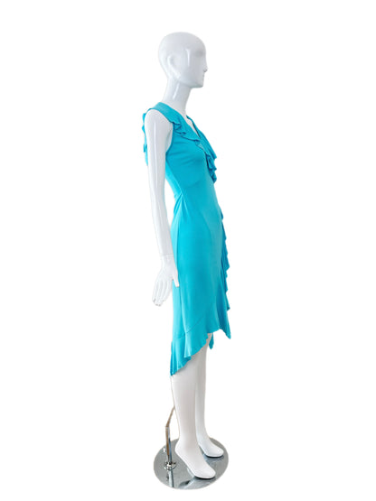 VERSACE 2004 Vintage Aqua Blue Ruffle Wrap Dress