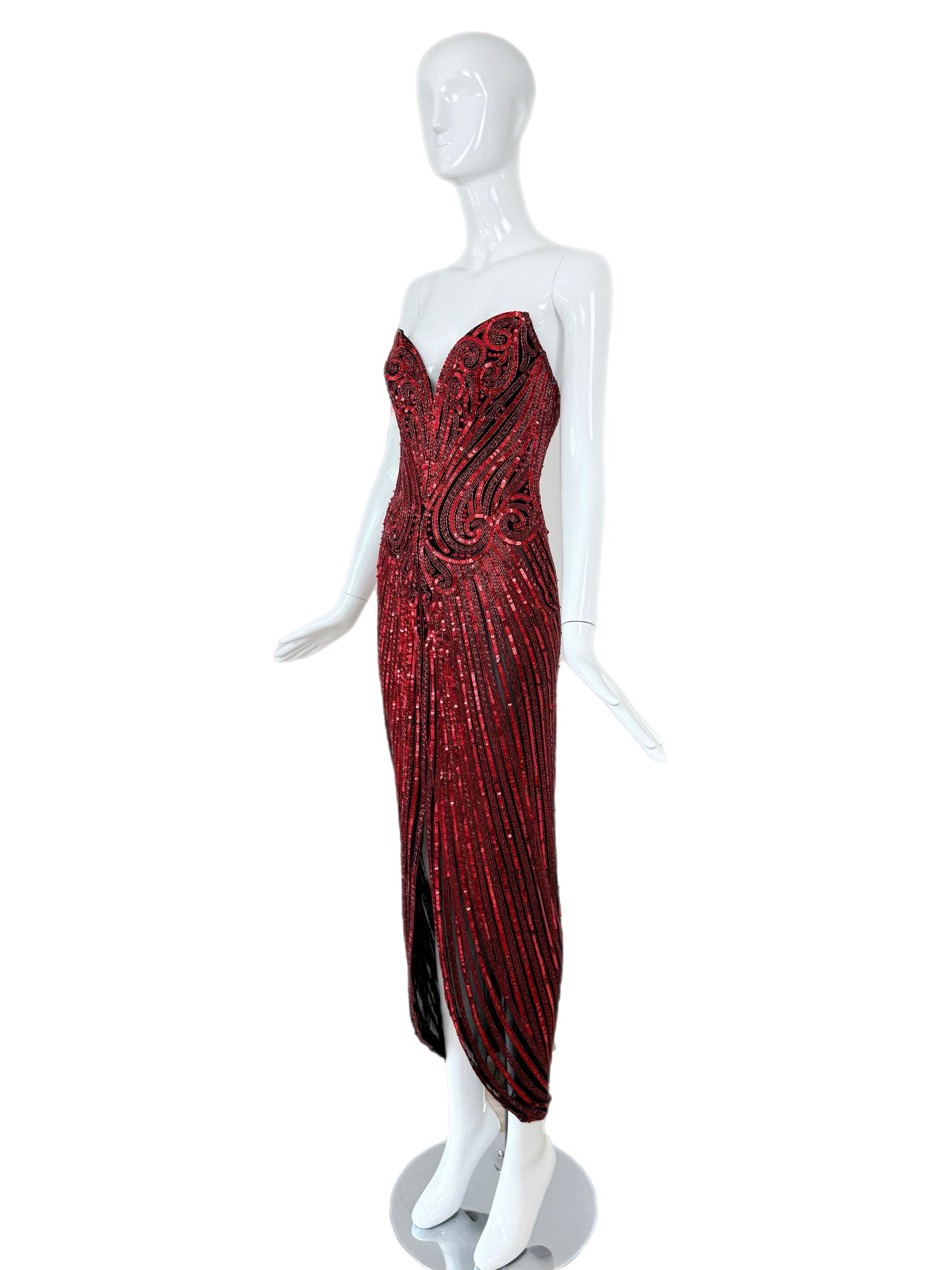 BOB MACKIE c. 1987 Vintage Red Heavily Embellished Evening Gown