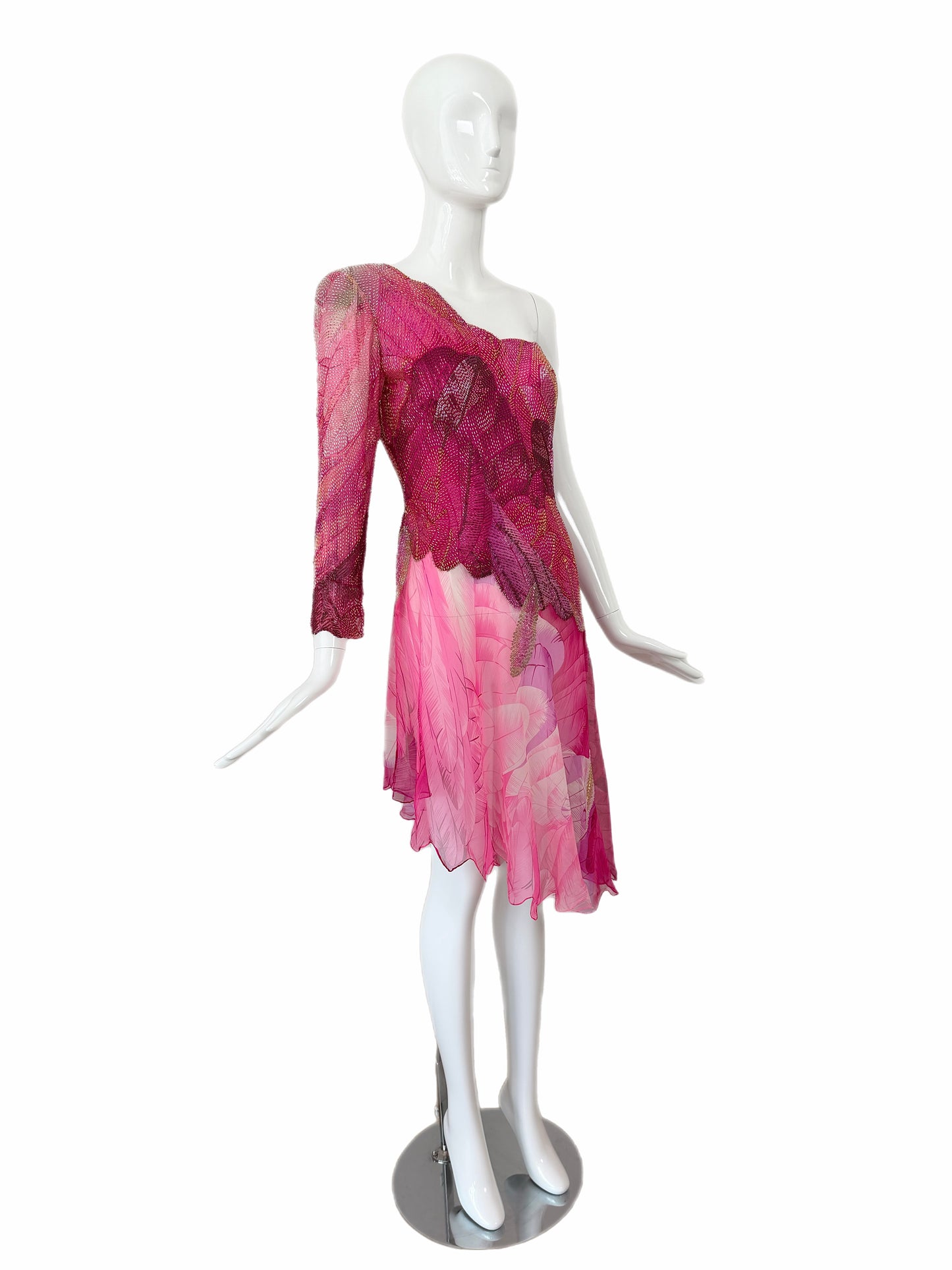 HANAE MORI Vintage Silk Hand Beaded One Shoulder Vibrant Cocktail Dress