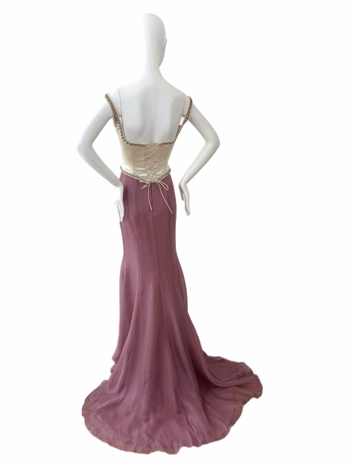 BADGLEY MISCHKA Silk Mauve Ethereal Maxi Train Skirt Sample Piece