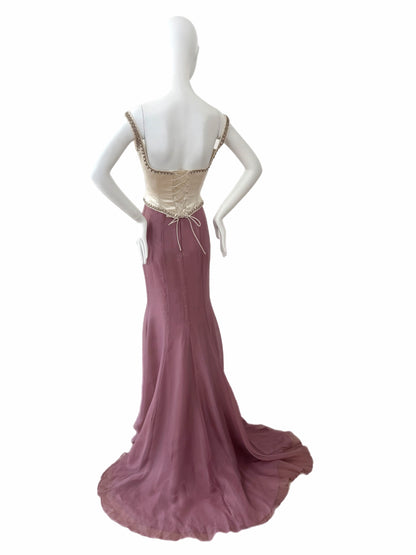 BADGLEY MISCHKA Silk Mauve Ethereal Maxi Train Skirt Sample Piece