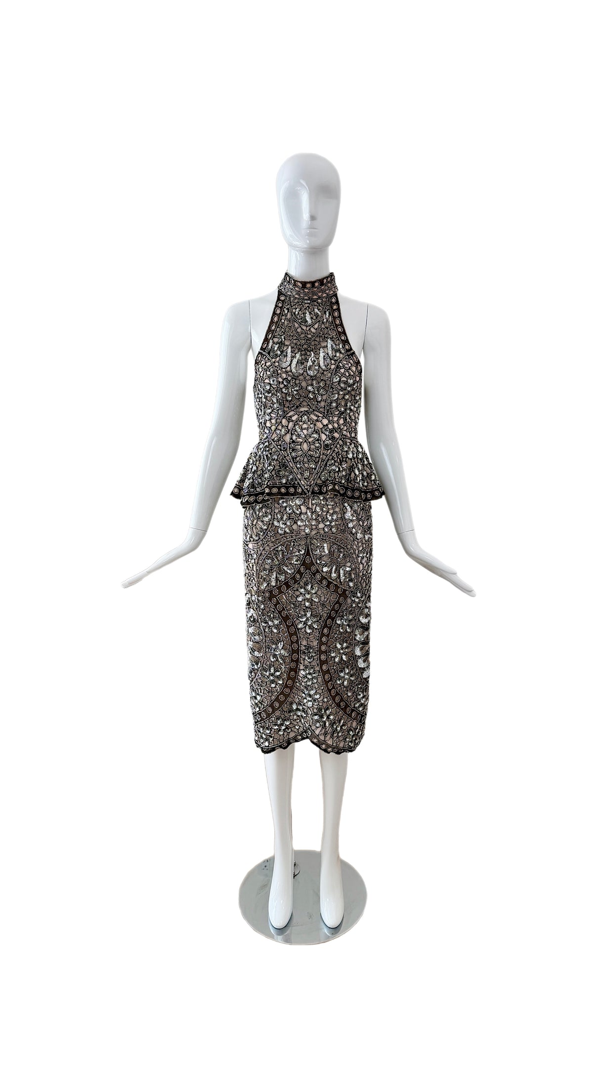 Eavis & Brown Vintage Hand-Beaded Silk Silver Embellished Skirt Set