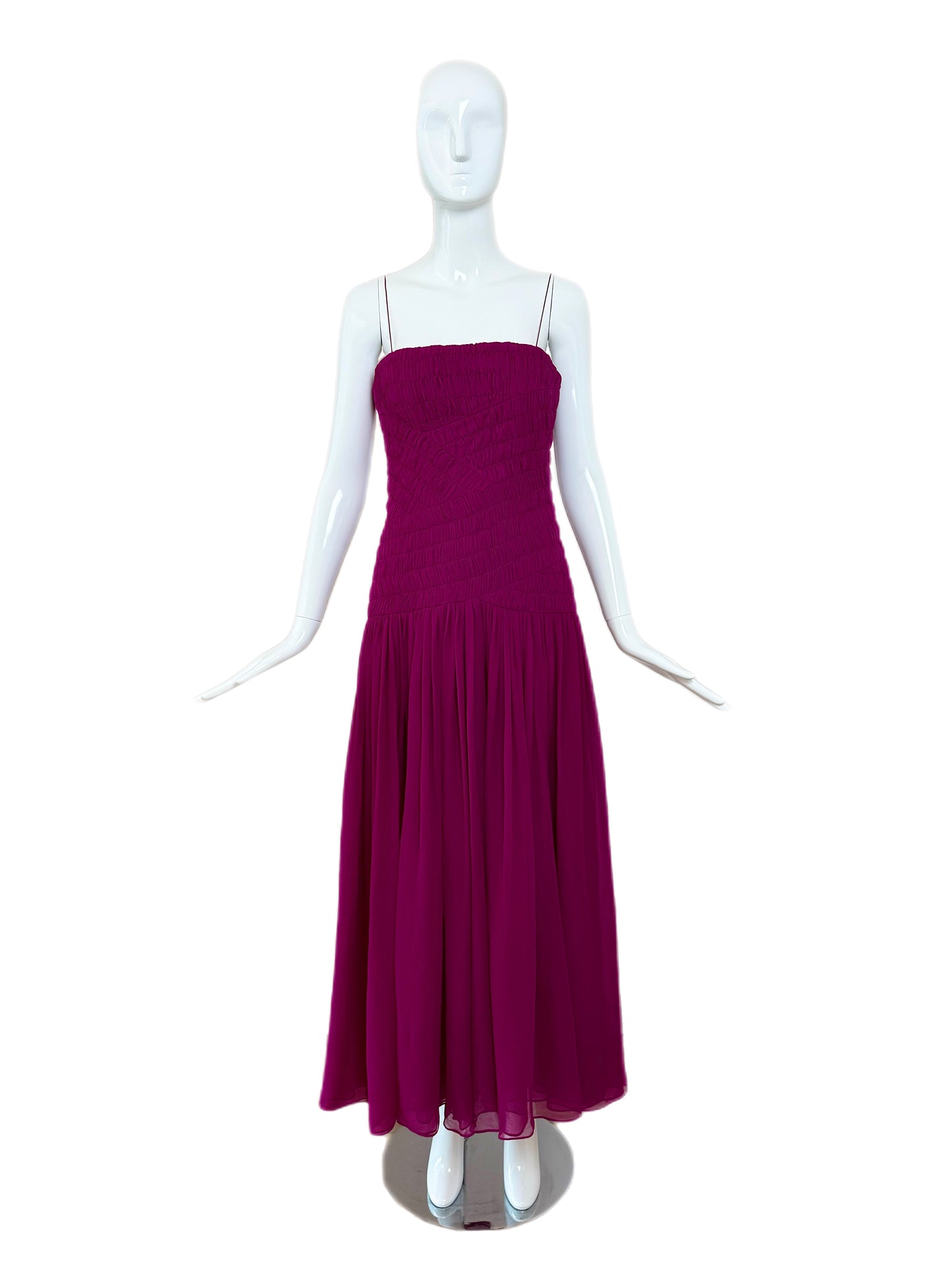 SALVATORE FERRAGAMO 2012 Vintage Runway Fuschia Ruched Silk Long Dress