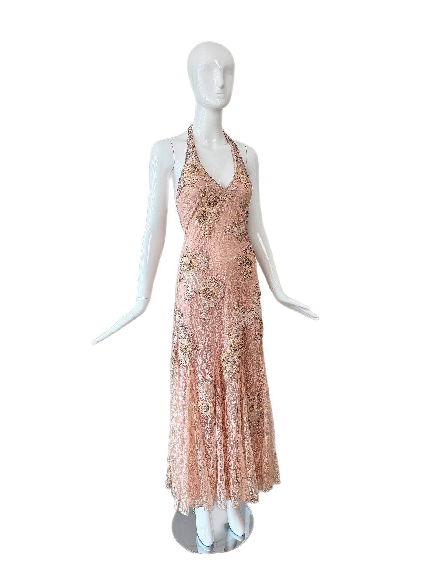 SUE WONG 2000's Vintage Peachy Pink Lace Embellished Maxi Dress