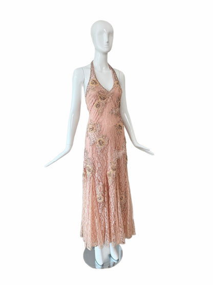 SUE WONG 2000's Vintage Peachy Pink Lace Embellished Maxi Dress