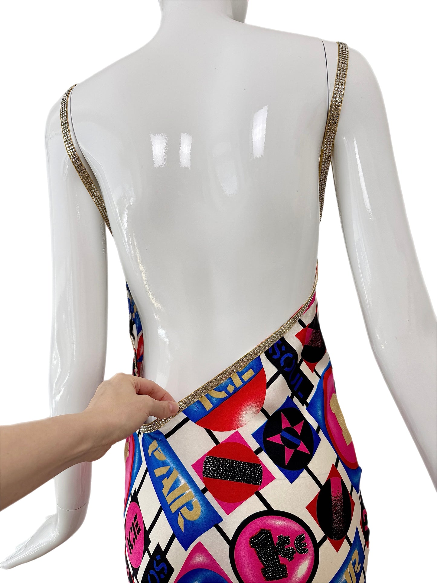 ICEBERG 2001 Vintage Runway 100% Silk Crystal Strap Backless Gown