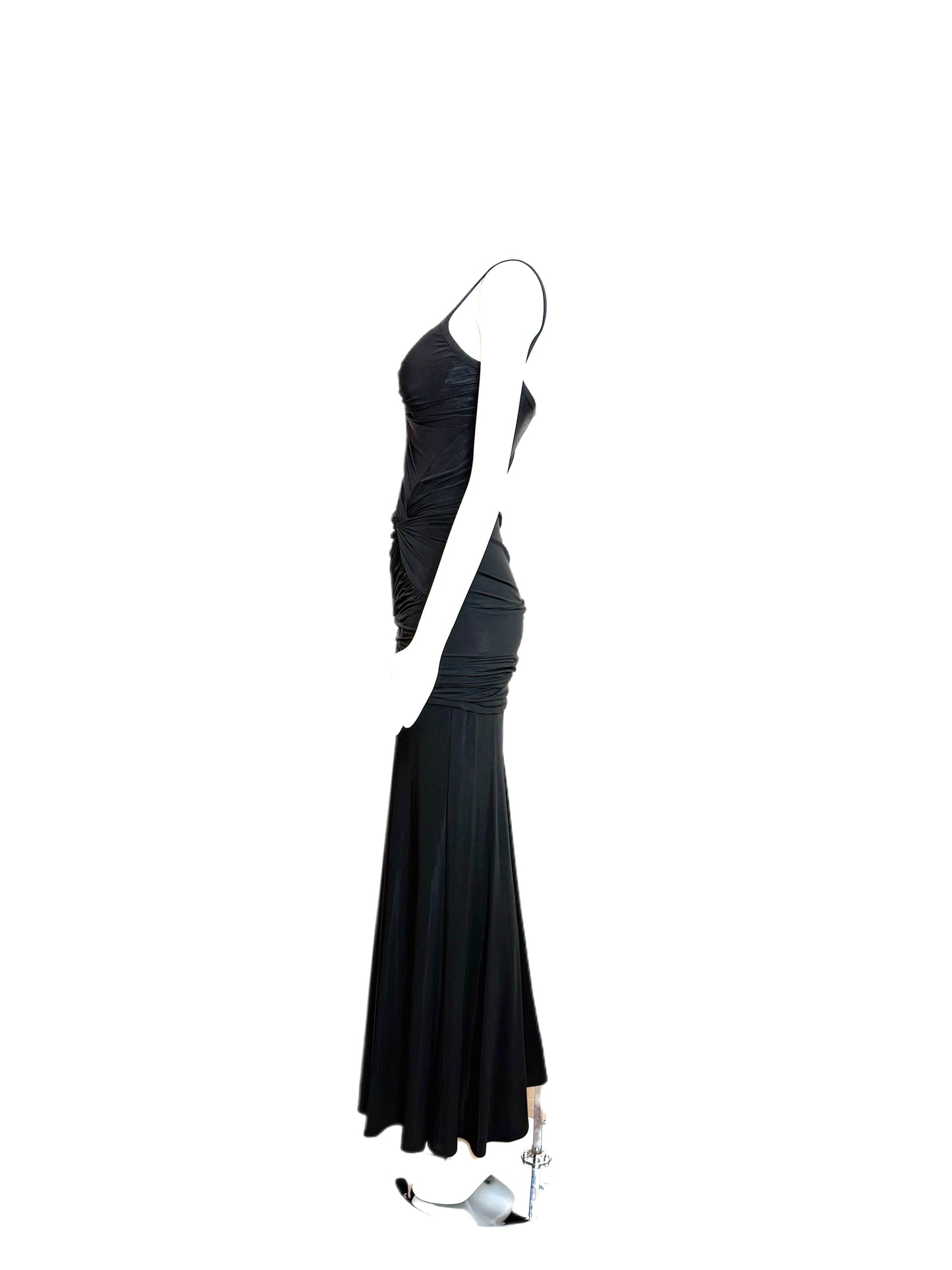 DONNA KARAN Vintage Black Ruched Knotted Evening Gown