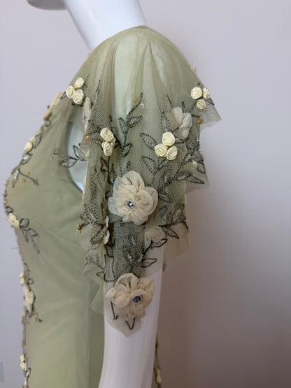 SUE WONG 2004 Vintage Runway Sage Silk Elaborate Evening Gown