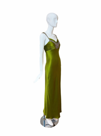MONIQUE LHUILLIER 2005 Vintage Runway Green Silk Gown w. Crystals