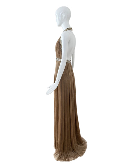 ROBERTO CAVALLI 2000's Vintage Taupe Plissé Grecian Embellished Evening Gown