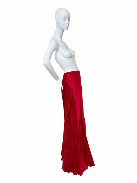 ROBERT DANES Red Liquid Silk Layered Bias Cut Maxi Skirt