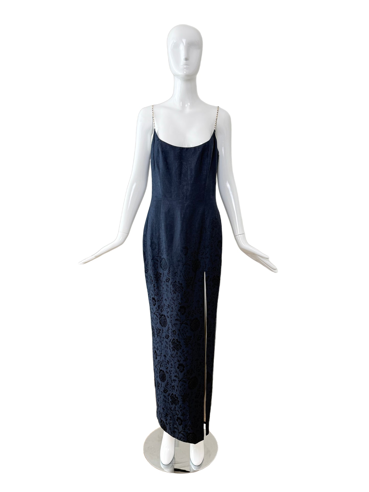 DIOR by JOHN GALLIANO 1998 Vintage Runway Blue Floral Evening Gown w. Ivory Interior + Pearl Straps