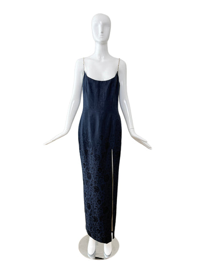 DIOR by JOHN GALLIANO 1998 Vintage Runway Blue Floral Evening Gown w. Ivory Interior + Pearl Straps