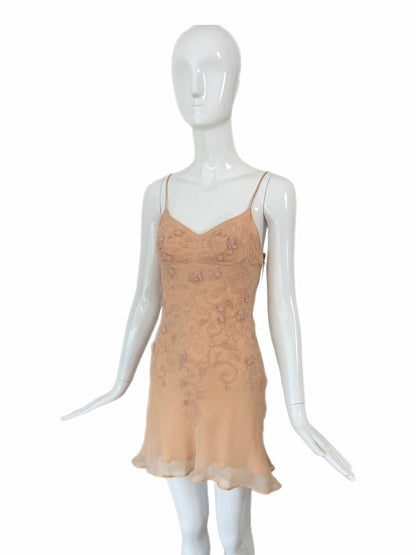 ALBERTA FERRETTI 90's Vintage Beaded Peach Silk Slip Mini Dress