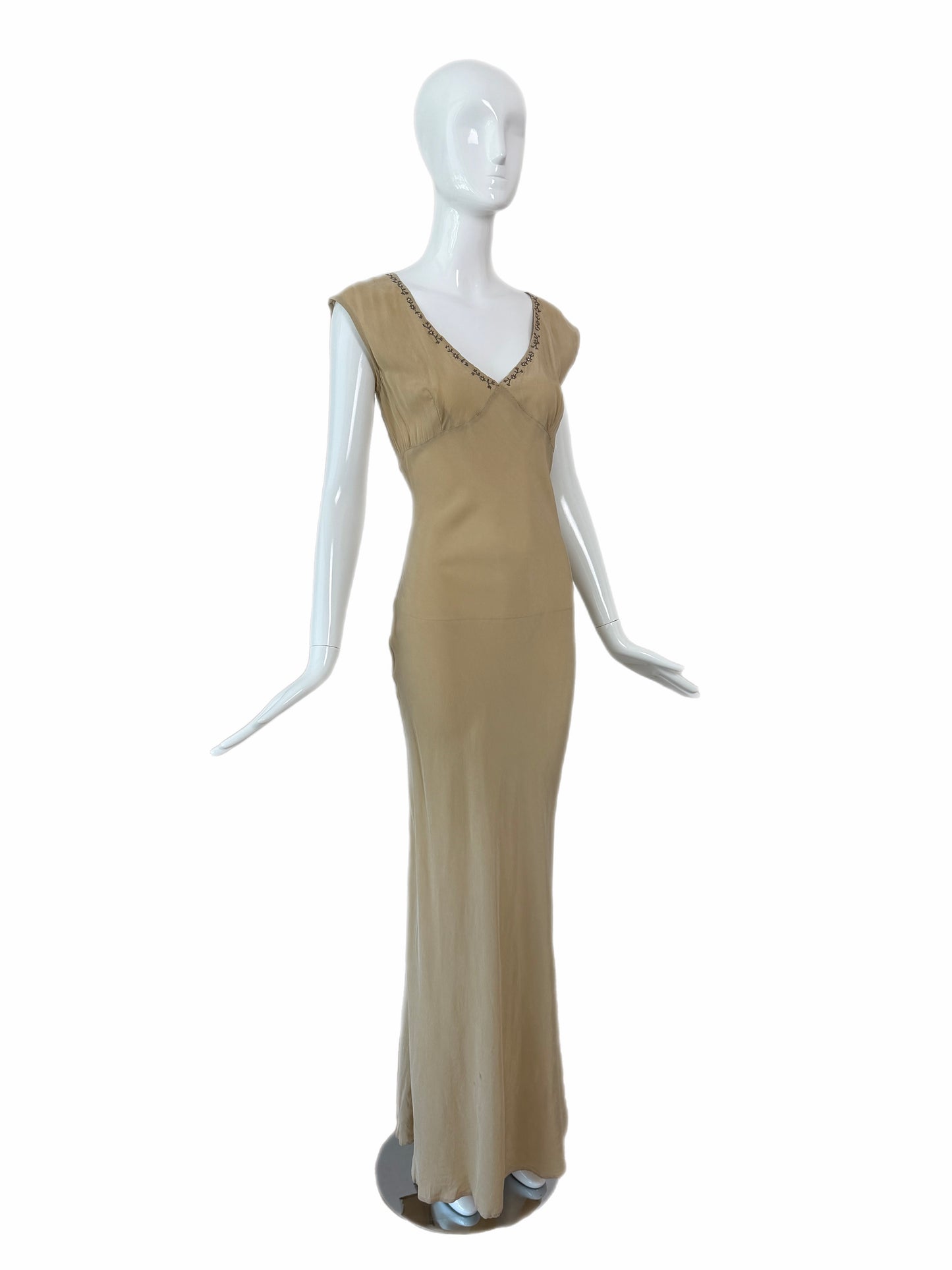 LES HABITUDES 90's Vintage Khaki Camel Floral Neckline Slip Gown