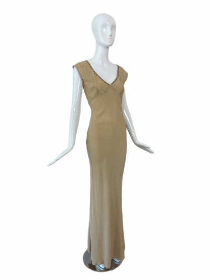LES HABITUDES 90's Vintage Khaki Camel Floral Neckline Slip Gown