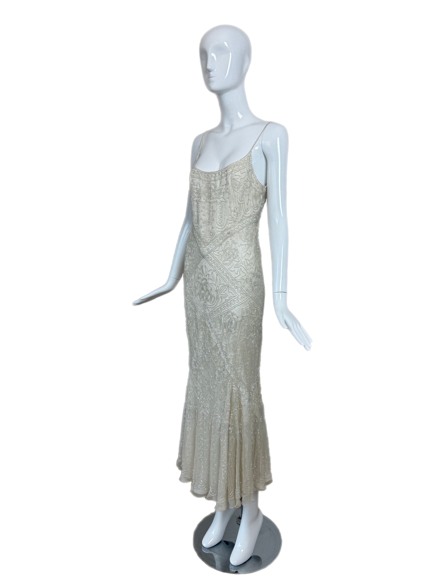 LES HABITUDES 90's Vintage Couture Ivory White Silk Beaded Dress w. Shawl