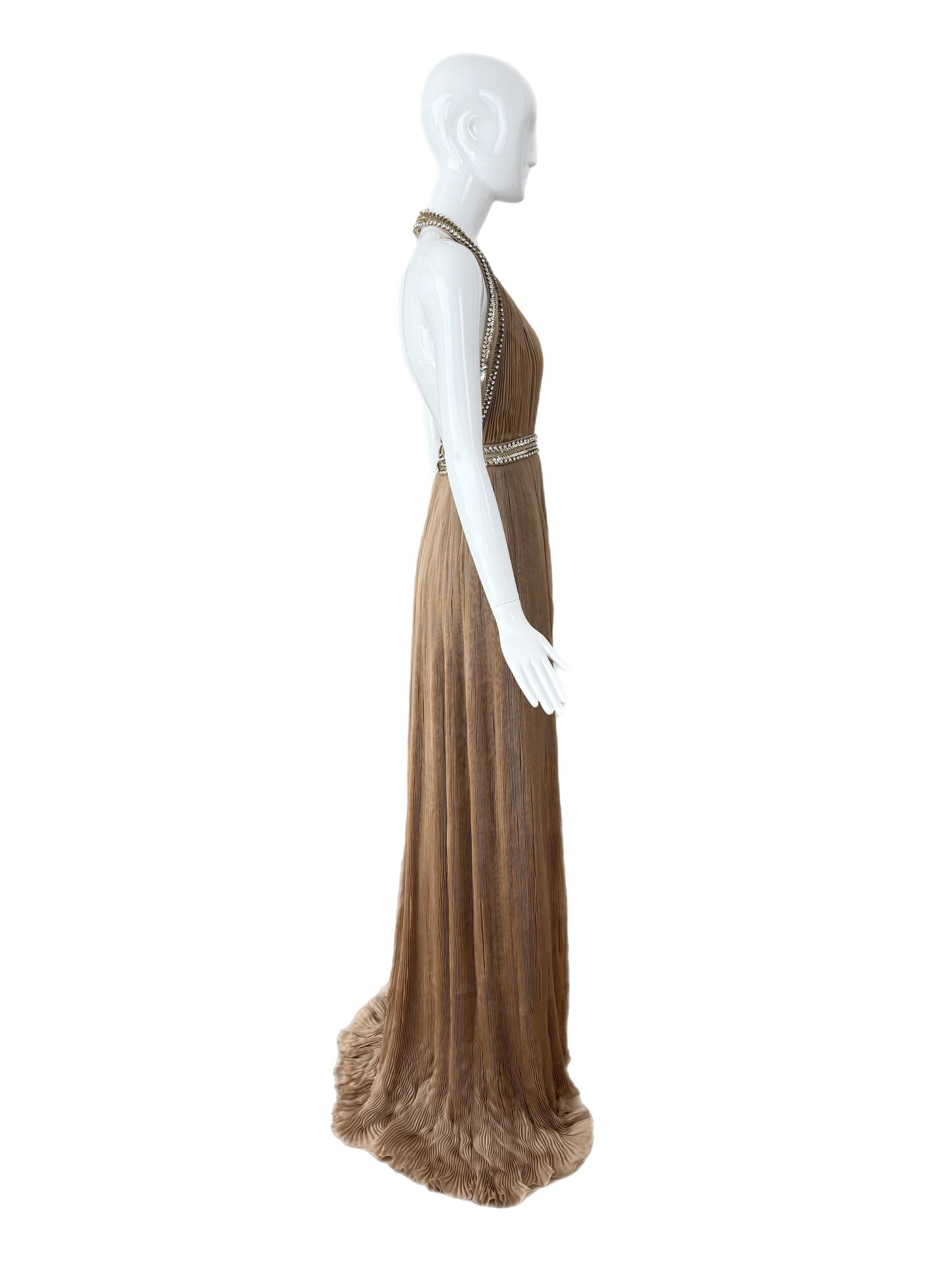 ROBERTO CAVALLI 2000's Vintage Taupe Plissé Grecian Embellished Evening Gown
