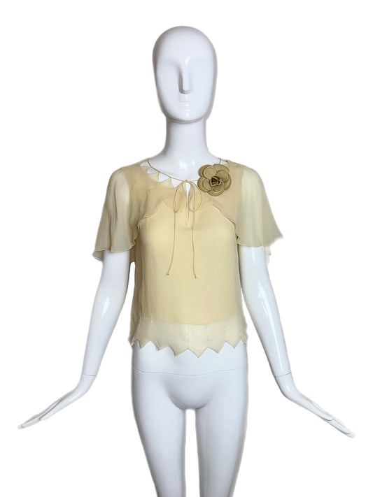 CHANEL 2003 Vintage Silk Vanilla Blouse w. Leather Camilla