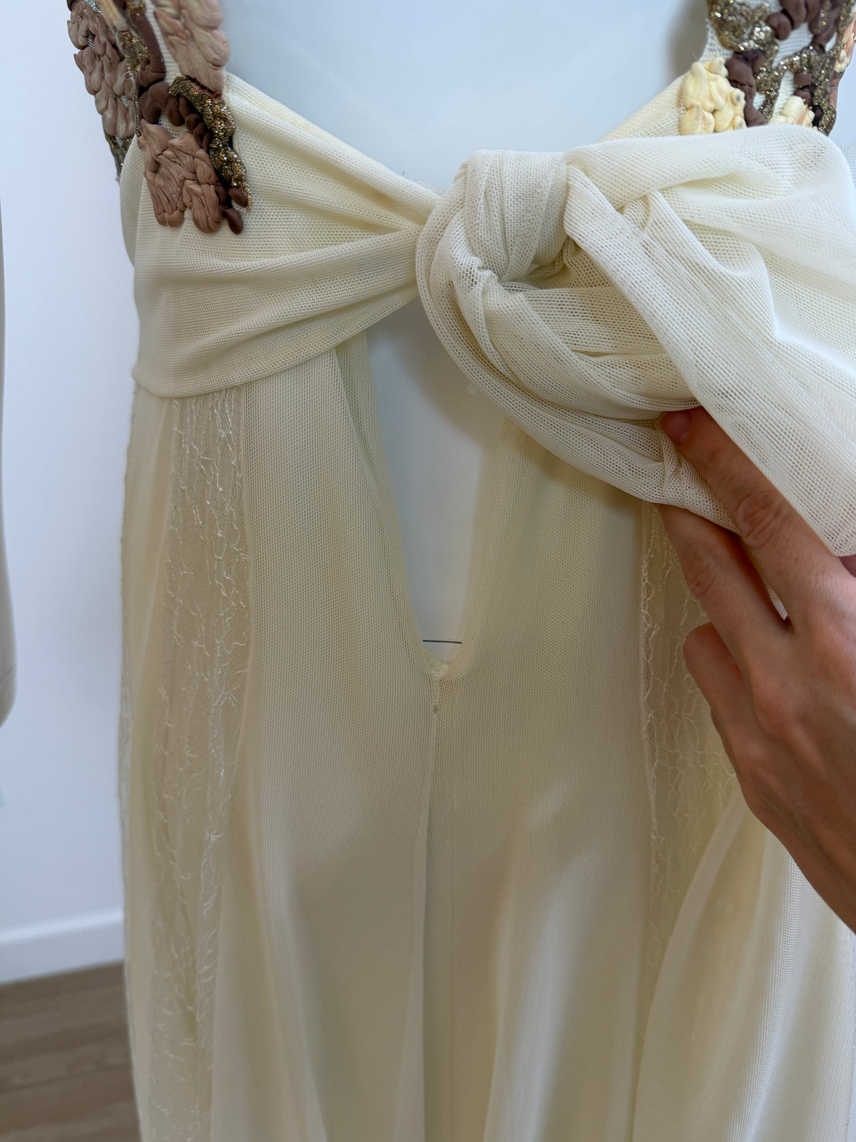 Ema Savahl Couture Hand Painted Ivory Pleated Lace Backless Gown