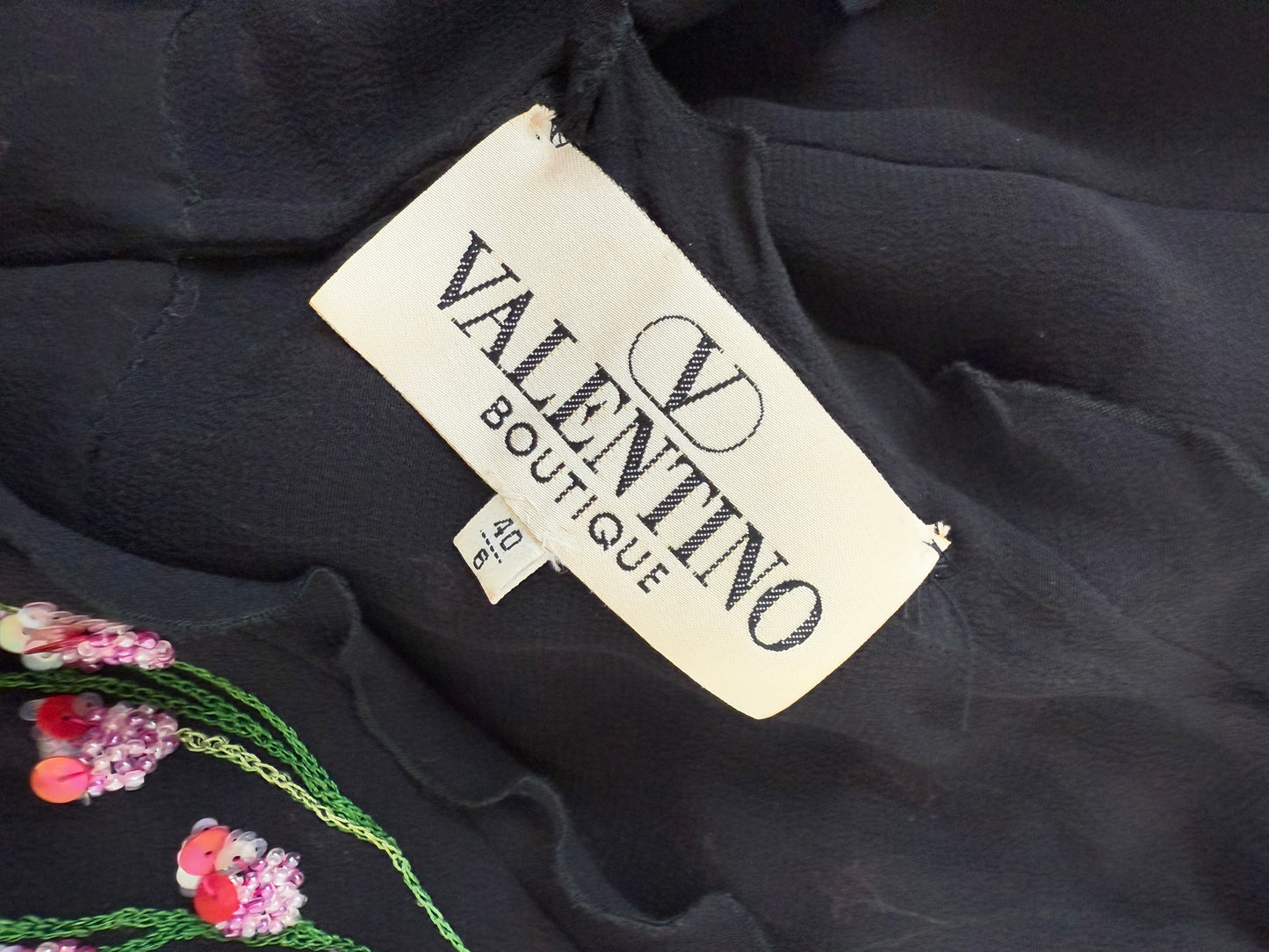 VALENTINO BOUTIQUE 90's Vintage Floral Beaded Black Silk Gown