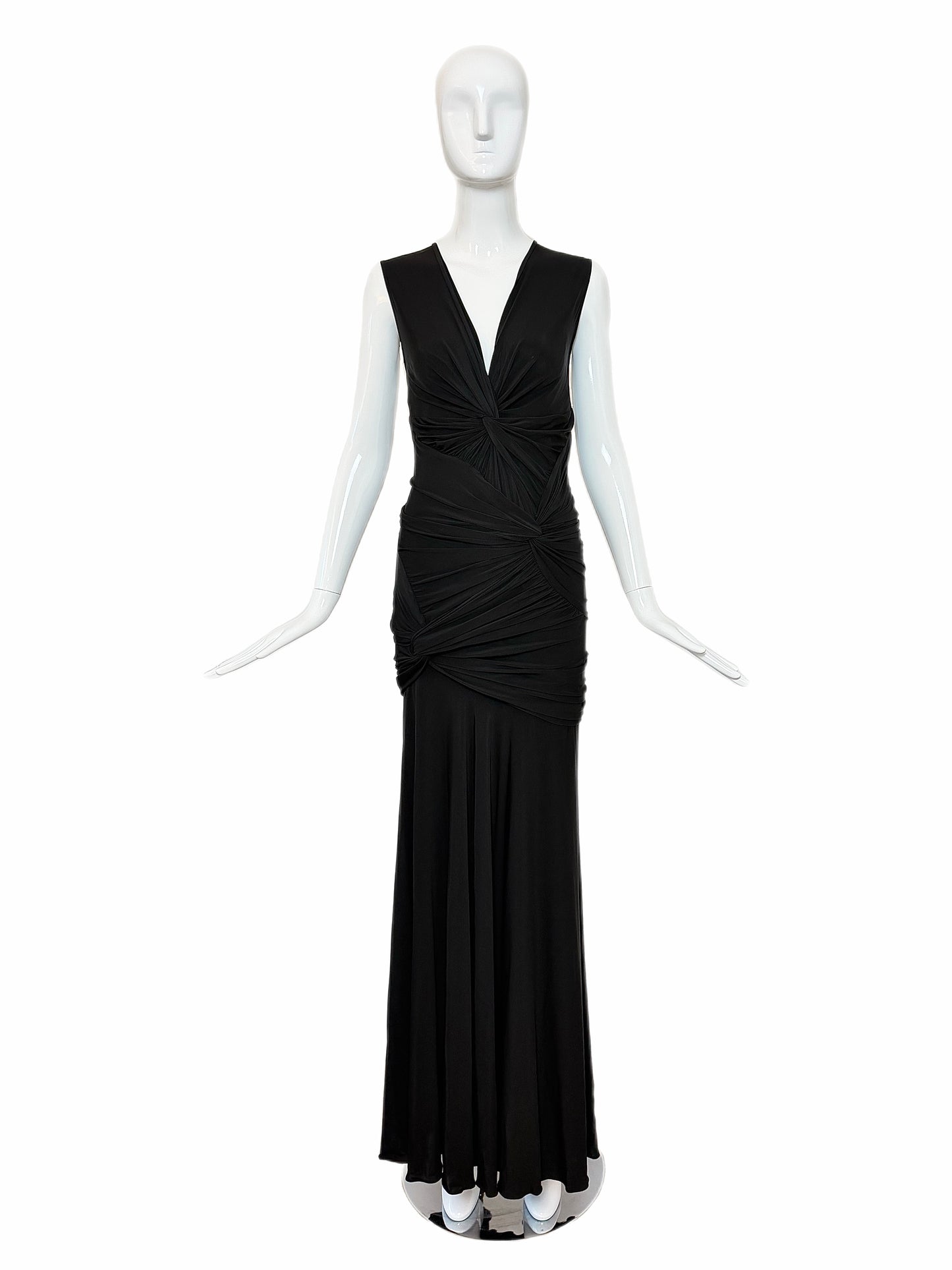 DONNA KARAN Vintage Black Ruched Open Back Evening Gown