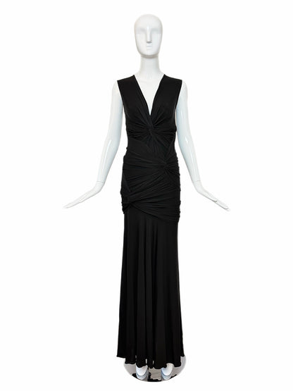 DONNA KARAN Vintage Black Ruched Open Back Evening Gown