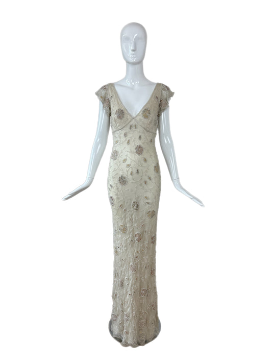 LES HABITUDES 90's Vintage Couture Hand-Beaded Silk Embellished Evening Gown