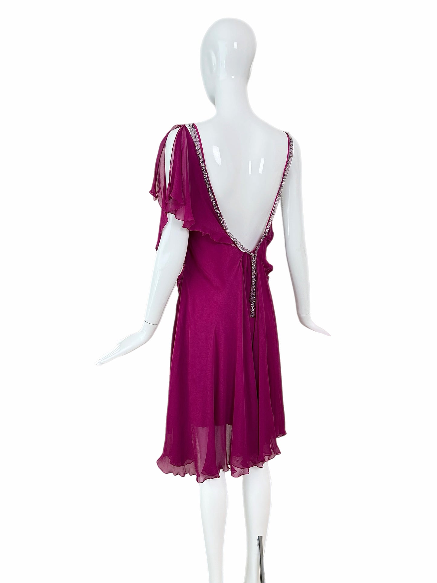 PHILOSOPHY DI ALBERTA FERRETTI Vintage Silk Jewel Encrusted Backless Fuchsia Dress