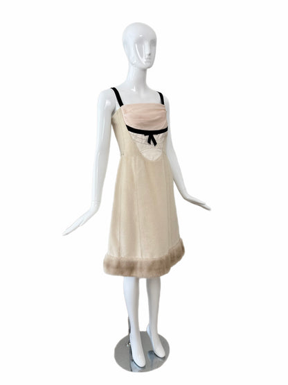 LOUIS VUITTON 2005 Vintage Mink Fur Trimmed Knee Length Dress
