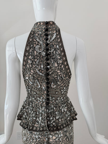 Eavis & Brown Vintage Hand-Beaded Silk Silver Embellished Skirt Set