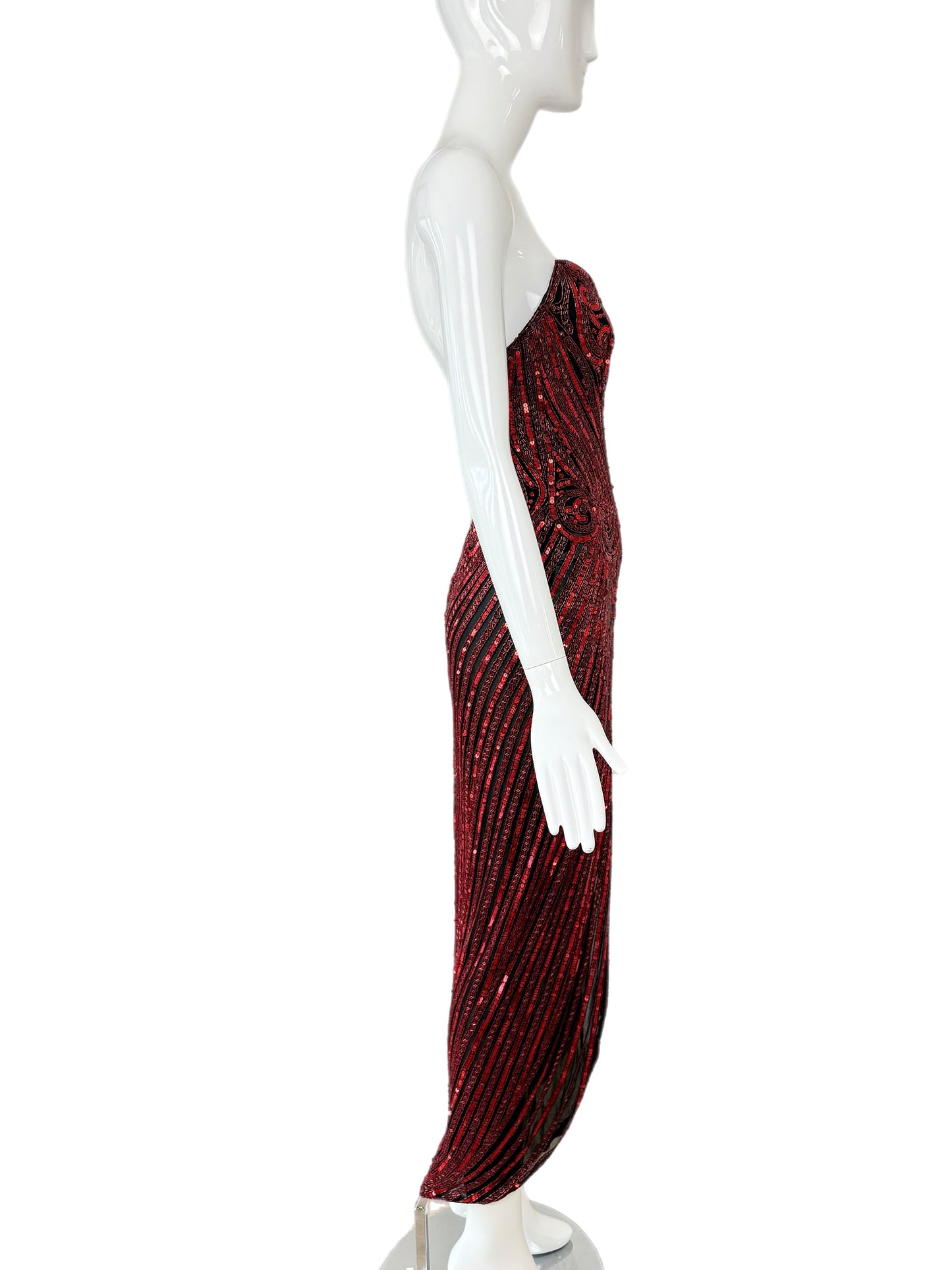 BOB MACKIE c. 1987 Vintage Red Heavily Embellished Evening Gown