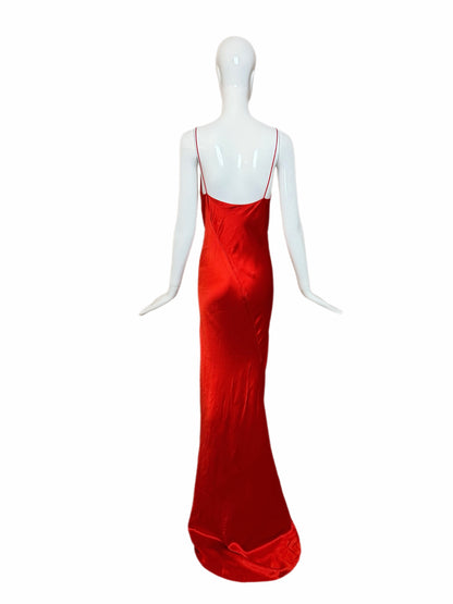 DONNA KARAN 90's Vintage Red Satin Cowl Neck Evening Gown w. Train