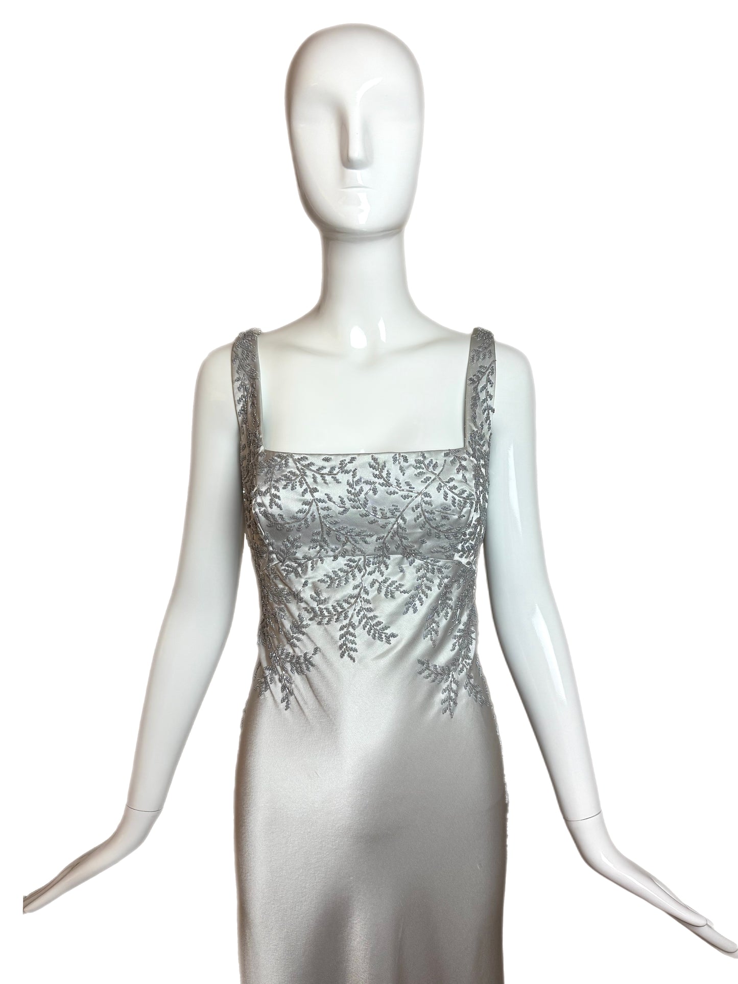 CARMEN MARC VALVO 90's Vintage Silver Beaded Evening Gown
